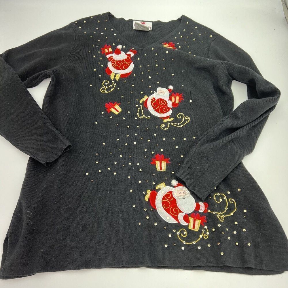 Quacker Factory Black Santa Christmas Sweater Size Medium